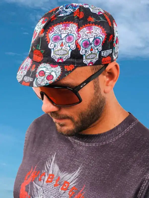 Men's cycling cap with colorful sugar skull print, perfect for bike rides under sunny skies