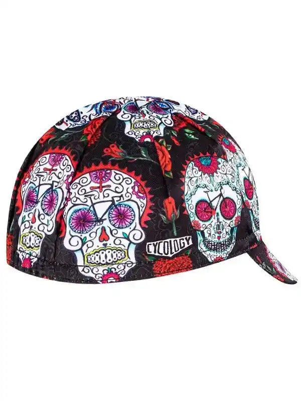 Cycling cap with colorful sugar skull print, ideal for men and women riders
