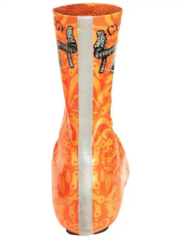 Orange cycling shoe cover with reflective stripe and bike graphic design