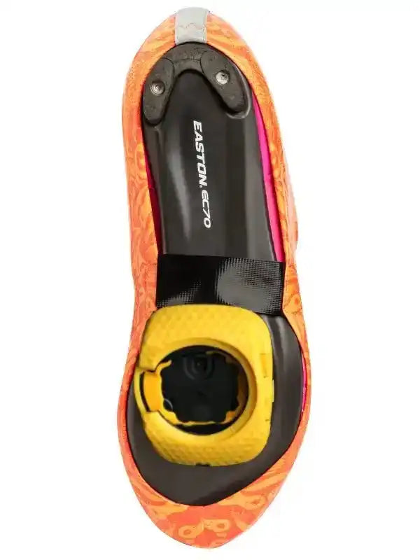 Easton EC70 cycling shoe sole with orange pattern, yellow cleat, and black strap for road biking performance