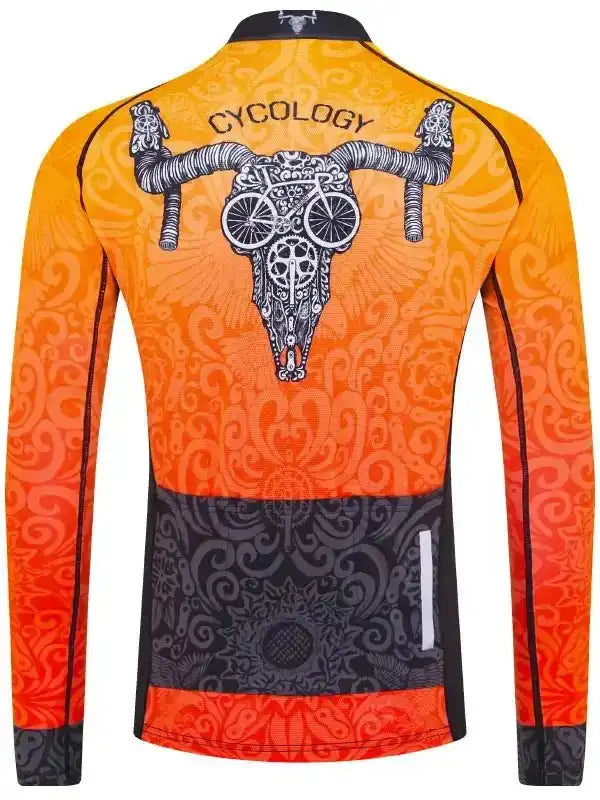 Men's long sleeve cycling jersey with skull and bike graphic, orange swirl pattern, and reflective details