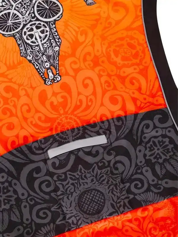 Vibrant orange cycling vest with intricate black gear and swirl patterns, reflective strip detail