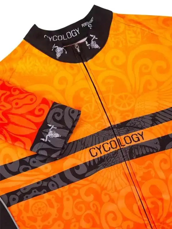 Vibrant orange cycling jersey with black swirl patterns, zipper, and Cycology branding for men's or women's rides.