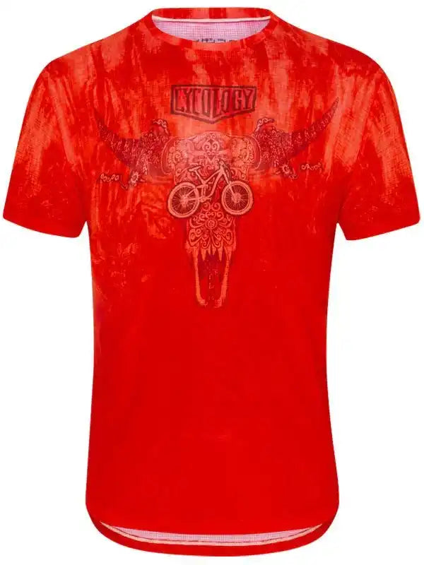 Red men's cycling jersey with bull skull and bike graphic, breathable fabric for mountain biking