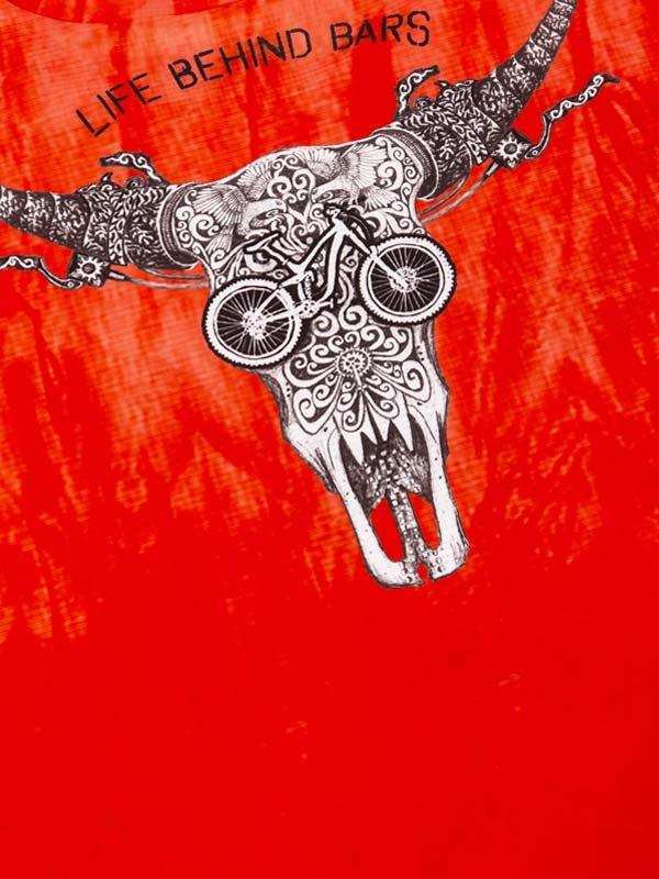 Red cycling jersey with 'Life Behind Bars' bull skull and bike graphic design