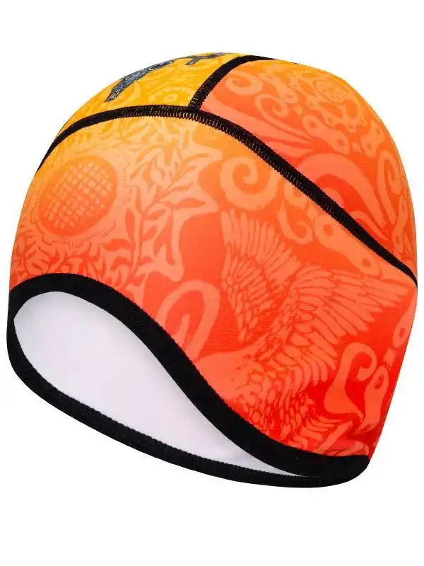 Vibrant orange cycling skull cap with phoenix design, black trim, and white interior for men's and women's bike rides.