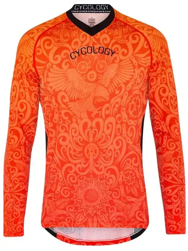 Orange long-sleeve cycling jersey with intricate pattern and brand logo, designed for men's and women's bike rides.