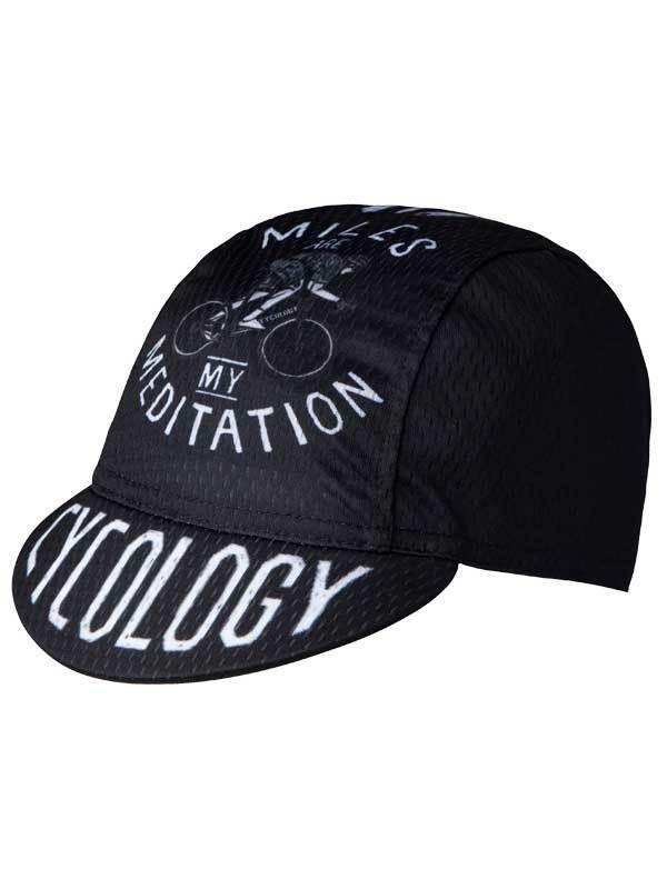 Black cycling cap with 'Miles Are My Meditation' and 'Cycology' text, ideal for road bike rides