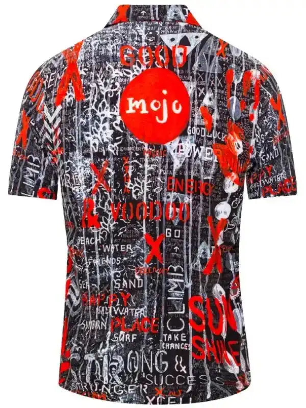 Men's cycling shirt with bold red and black graphic print, featuring 'mojo' and motivational words for active lifestyle.