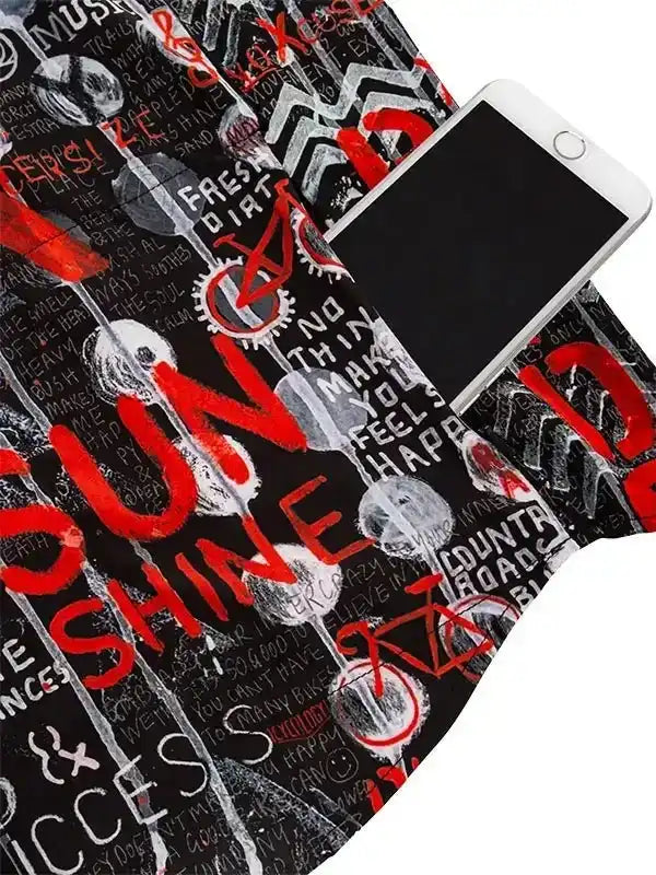 Black cycling jersey with bold red 'SUNSHINE' print, bike graphics, and motivational text, holding a tablet