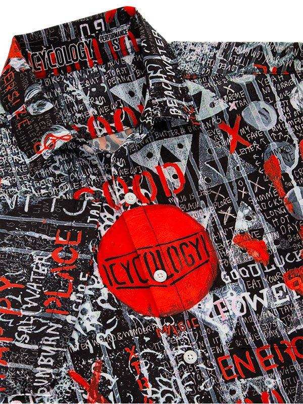 Men's cycling shirt with bold graffiti-style print, red accents, and 'Cycology' logo on chest