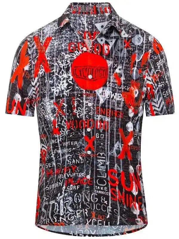 Men's cycling shirt with bold red and black graphic print, featuring motivational words and abstract designs for active wear.