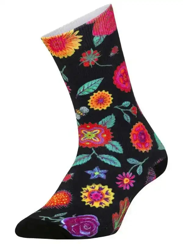 Black cycling sock with vibrant floral pattern, colorful flowers and leaves design for men or women