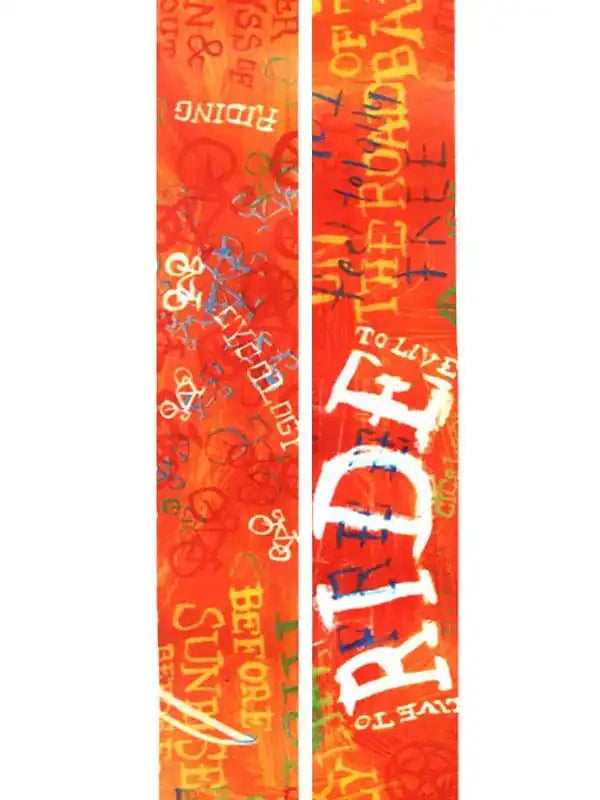 Vibrant orange cycling jersey with bold 'RIDE' text and bike graphics for men's and women's road cycling apparel