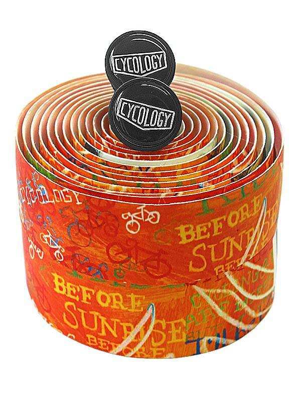 Cycology bike handlebar tape with 'Before Sunrise' print, vibrant orange cycling accessory