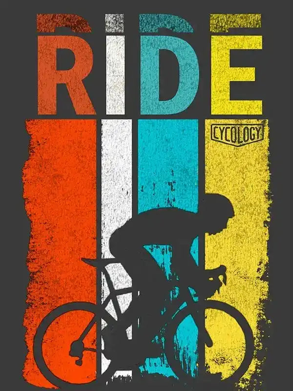 Ride cycling graphic tee with bold colorful stripes and cyclist silhouette, perfect for cycling enthusiasts