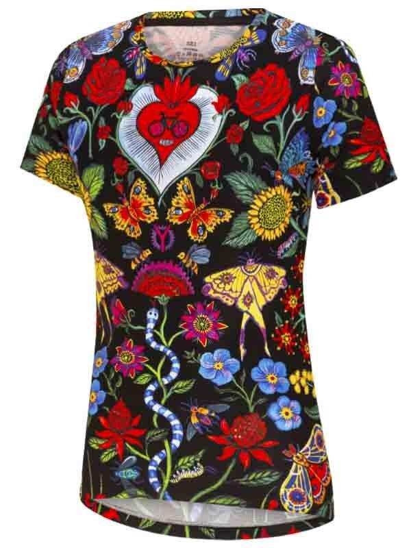 Women's cycling jersey with vibrant floral and butterfly print on black background, featuring heart design