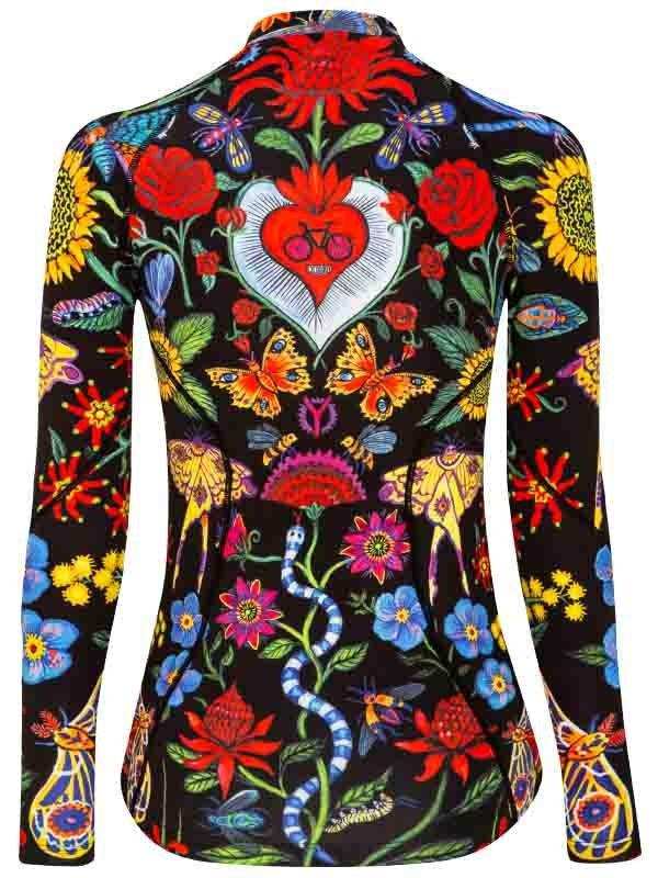 Women's cycling jersey with vibrant floral and butterfly print, featuring heart with bike design on back
