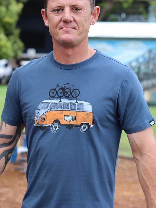 Men's cycling t-shirt with vintage van and bikes graphic, ideal for bike lovers and outdoor adventures.