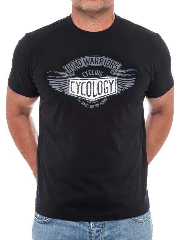 Men's black cycling t-shirt with 'Road Warriors Cycology' graphic, ideal for road biking enthusiasts.
