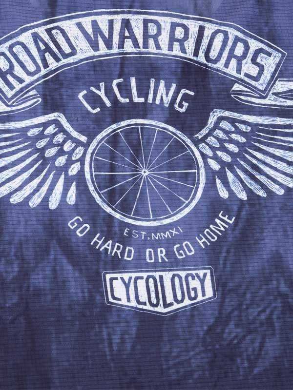 Blue cycling jersey with 'Road Warriors' graphic, wings, wheel, and 'Go Hard or Go Home' slogan