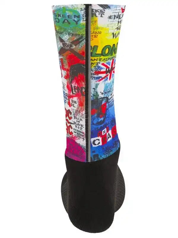 Colorful graffiti-style cycling socks with bold graphics and black cuffs for men and women