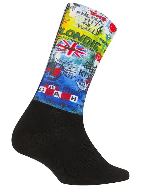 Colorful cycling sock with punk rock graphics, Union Jack, and bold text for men's and women's bike rides