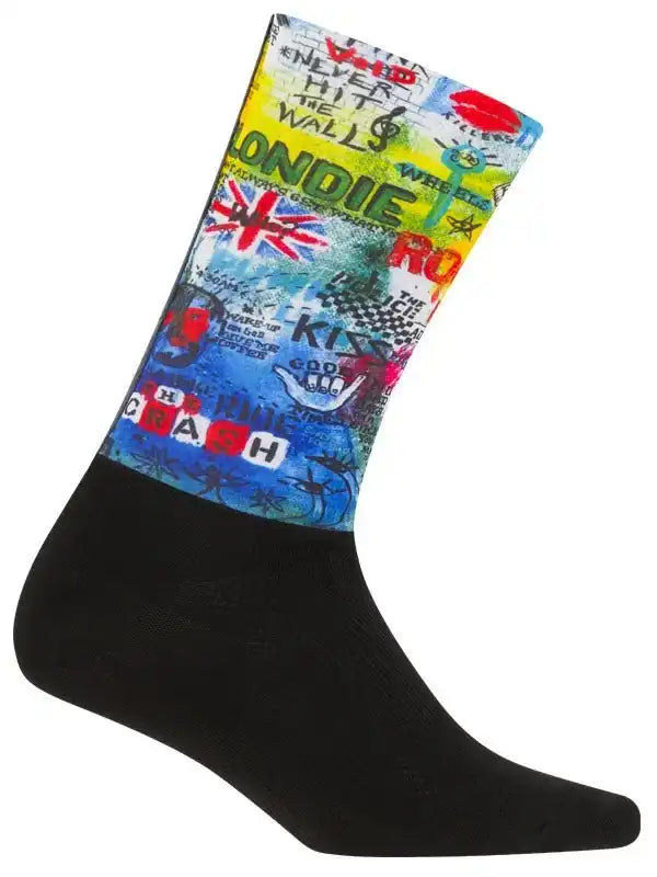 Colorful cycling sock with punk rock graphics, Union Jack, and bold text designs for men and women