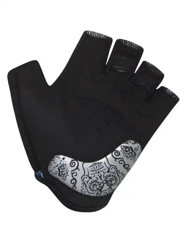 Black fingerless cycling glove with silver bike pattern palm, breathable design for men and women