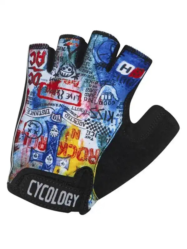 Cycology fingerless cycling glove with vibrant graffiti print, padded palm, and brand logo