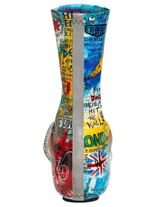 Colorful graffiti-style cycling jersey with bold graphics and text, featuring unique urban design.