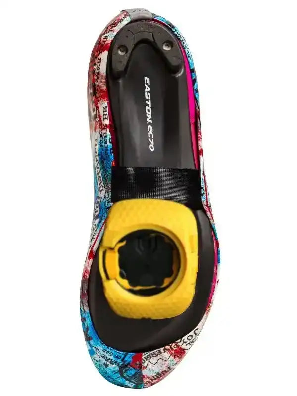 Colorful cycling shoe sole with Easton EC70 cleat system, vibrant graphic design, and yellow pedal interface