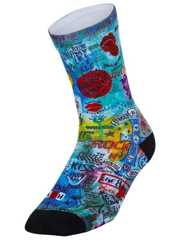 Colorful cycling sock with rock band graphics and bold text designs for men and women