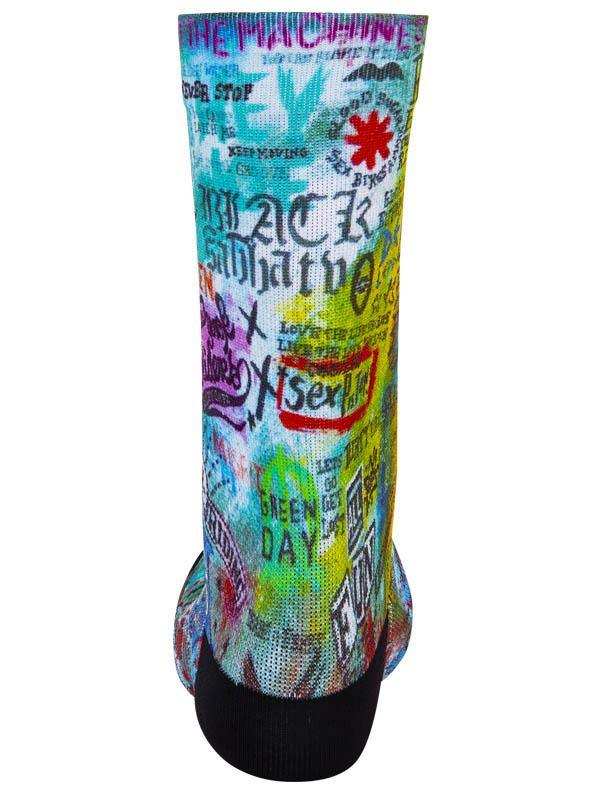 Colorful graffiti-style cycling sock with band names, perfect for men's and women's bike rides.