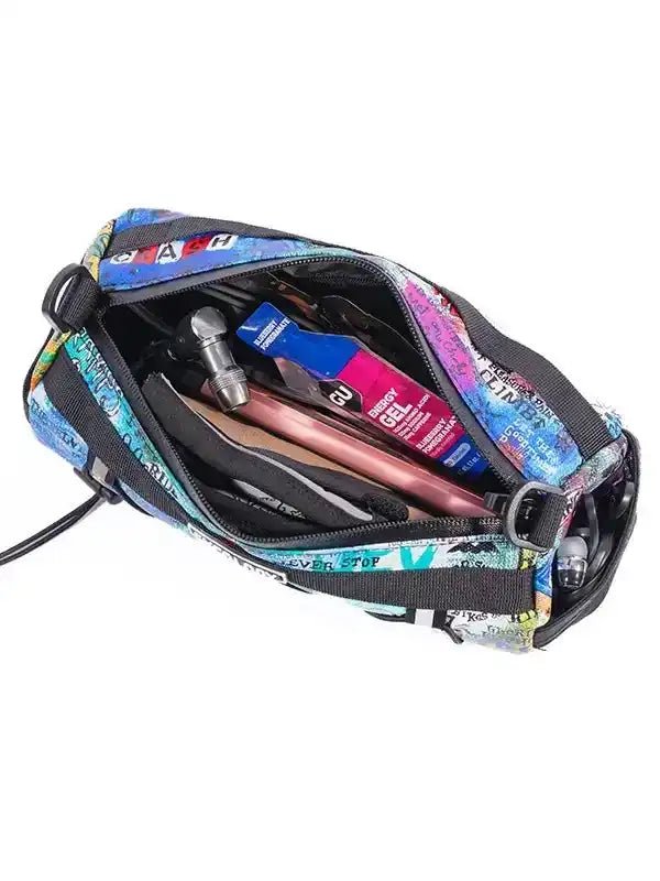 Colorful cycling saddle bag with energy gel, tools, and pump inside, perfect for road bike adventures