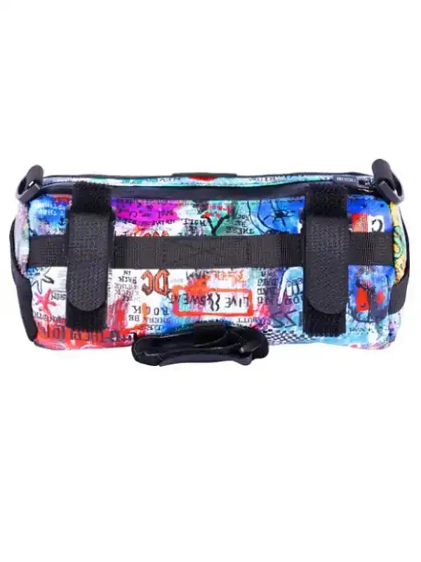 Colorful graffiti-style cycling frame bag with black straps for bike storage