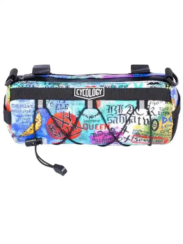 Colorful graffiti-style cycling frame bag with bold graphics and black straps for bike storage