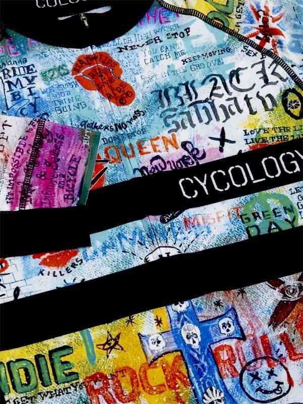 Vibrant rock band print cycling jersey with bold graphics and edgy designs for men and women