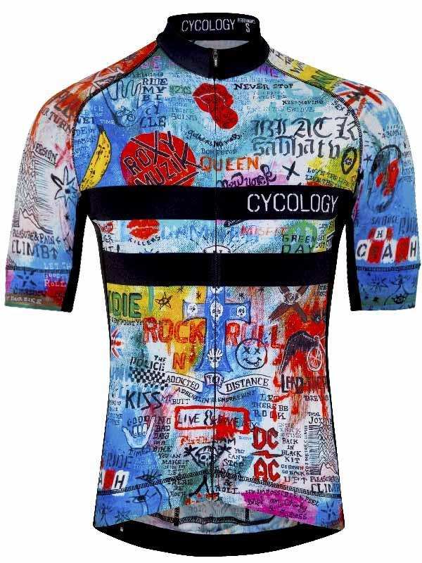 Men's cycling jersey with rock band graphics, vibrant colors, and bold text design for road biking