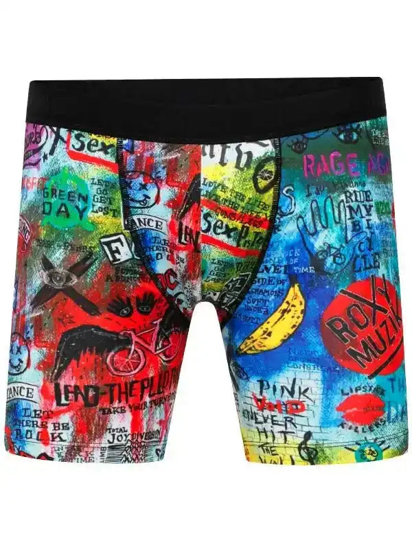 Men's cycling shorts with vibrant graffiti print, featuring band names and bold graphics for active rides.