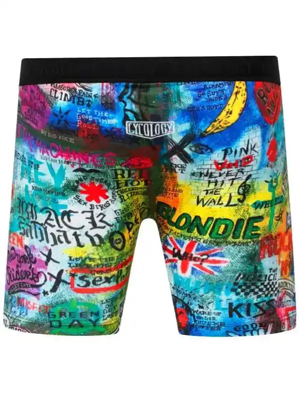 Colorful graffiti-print cycling shorts with band names and punk rock designs for men and women