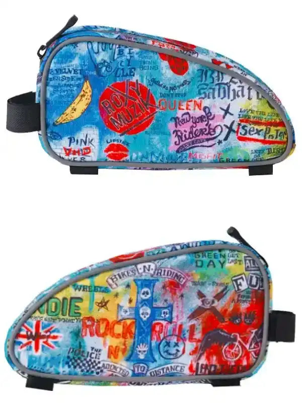 Colorful rock band print cycling saddle bag with punk graphics and band names