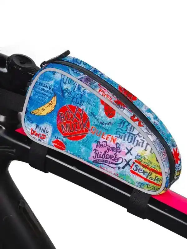 Colorful cycling frame bag with retro music print, attached to bike top tube for storage