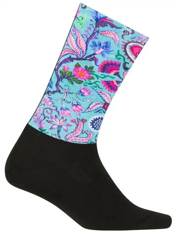 Colorful floral cycling sock with black foot, vibrant paisley design for men and women