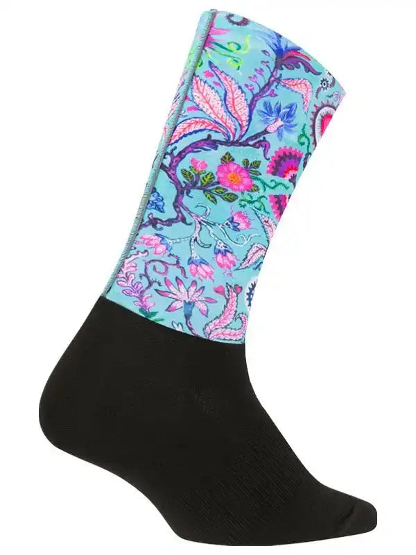 Colorful floral cycling sock with black foot, vibrant paisley design for men or women