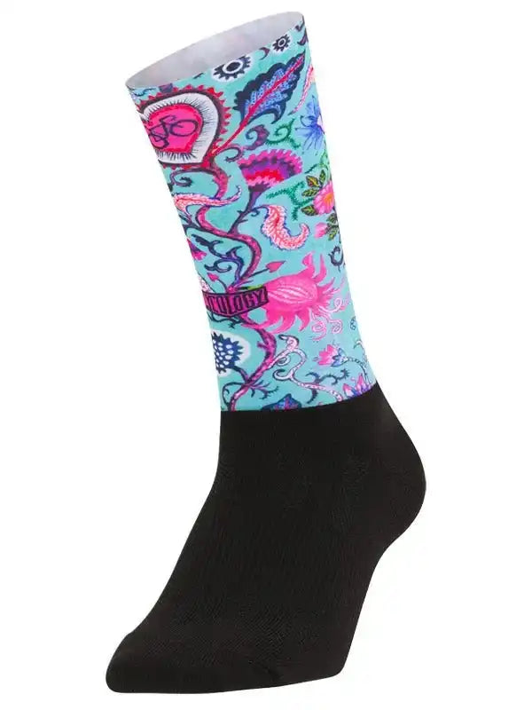Colorful cycling sock with floral and gear pattern, black toe and heel, designed for men and women riders