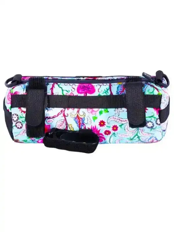 Colorful floral bike frame bag with black straps for cycling storage