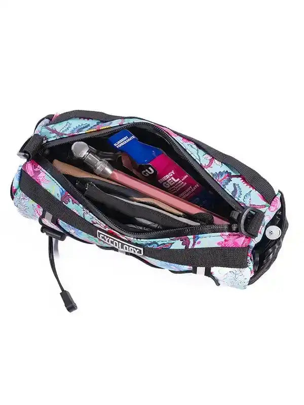 Cycology floral bike waist bag with energy gels and tools, ideal for cycling adventures
