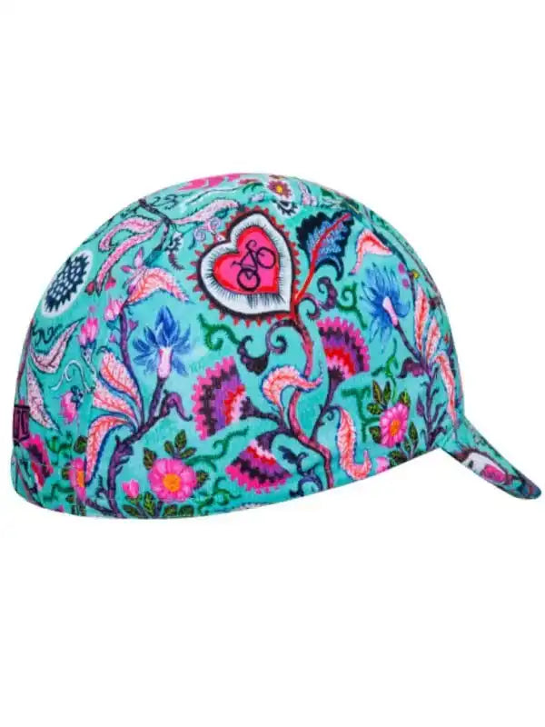 Colorful floral cycling cap with heart and bike design, ideal for women's bike rides