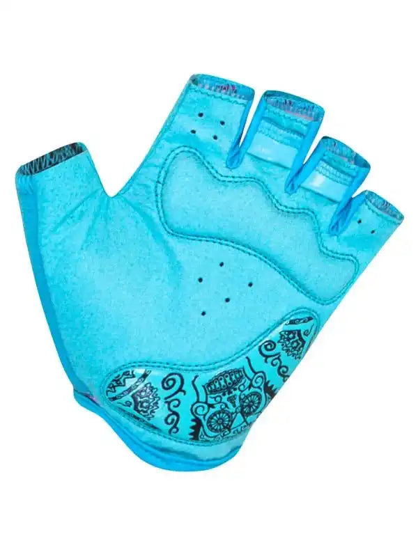 Turquoise fingerless cycling glove with black patterned palm, breathable design for men and women